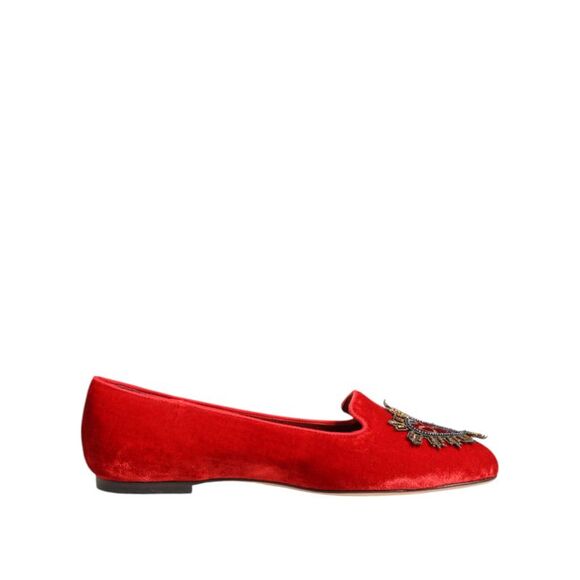 Dolce & Gabbana Red Velvet DG Heart Loafers Flat Women's Shoes